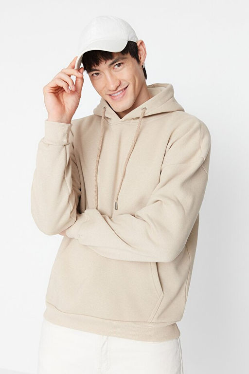Bej Oversize/Geni_ Kesim Kap__onlu __i Polar/S_cak Tutan _i_ek Bask_l_ Sweatshirt TMNAW22SW1651 - Trendyolmilla фото 2