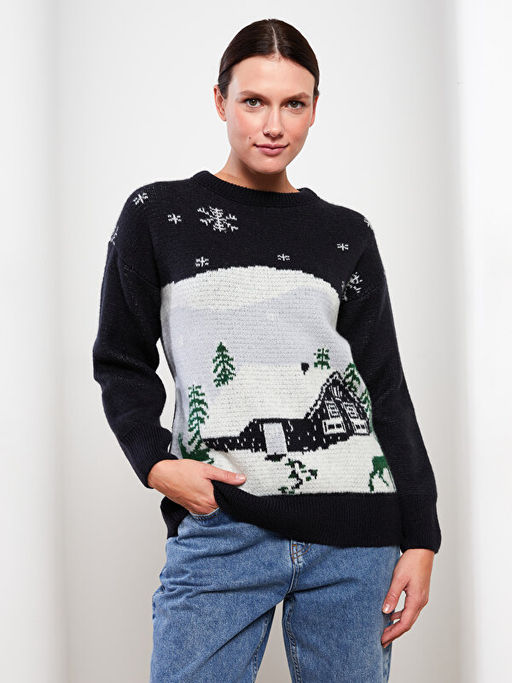 Y?lba?? Temal? Uzun Kollu Kad?n Triko Kazak