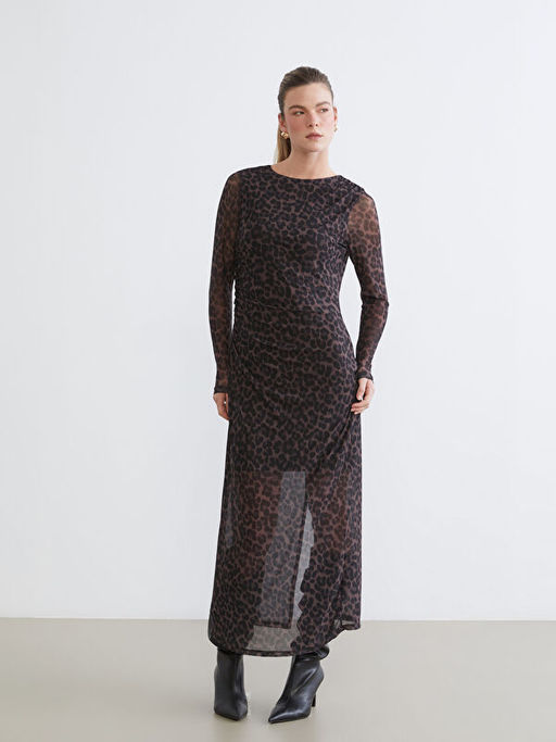 Bisiklet Yaka Leopar Desenli B?zg?l? Elbise