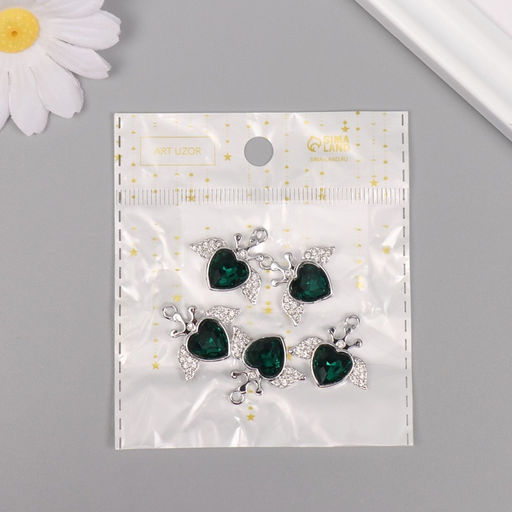 Цена за 5 шт. Декор для творчества металл, стразы «Сердце с крыльями», серебро, 2.2×2.4×0.5 см