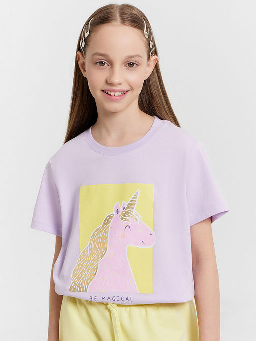 Футболка для девочек лиловая с принтом "единорог"