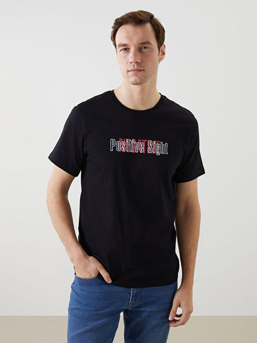 Bisiklet Yaka K?sa Kollu Bask?l? Penye Erkek Ti??rt