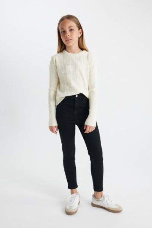 K?z Cocuk Skinny Fit Dar Paca Cepli Siyah Pantolon