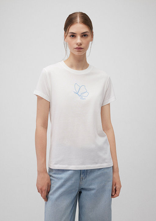 Bask?l? Beyaz Tisort - Mavi фото 3