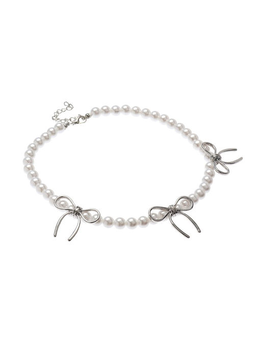 Колье «Бантик» с жемчугом, белое в серебре