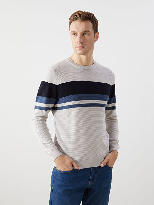 Bisiklet Yaka Uzun Kollu Renk Bloklu Erkek Triko Kazak