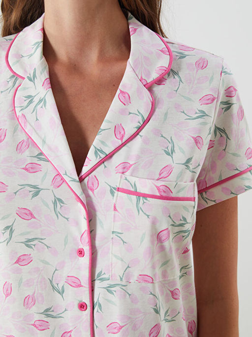 G?mlek Yaka ?i?ekli Kad?n Pijama Tak?m