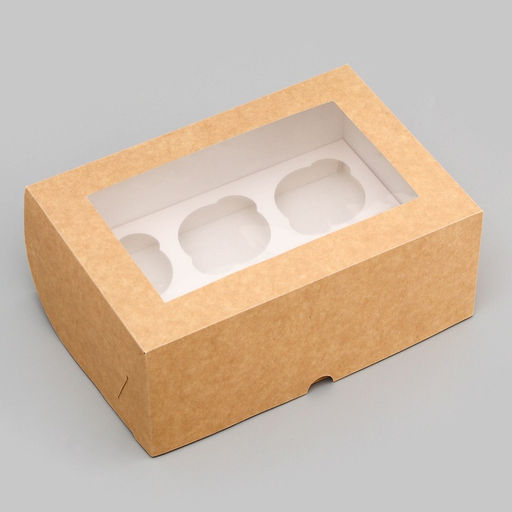 Коробка для 6 капкейков с окном, крафт, 25×17×10 см