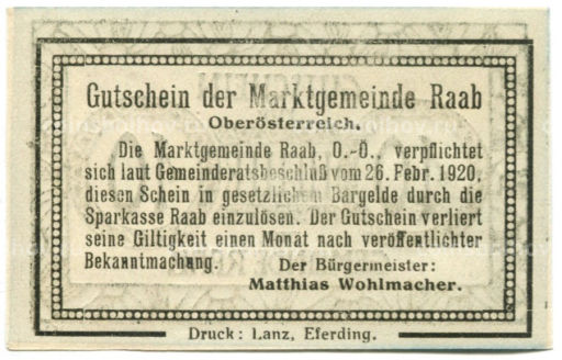 Банкнота 10 геллеров 1920 года Австрия  Рааб (нотгельд)