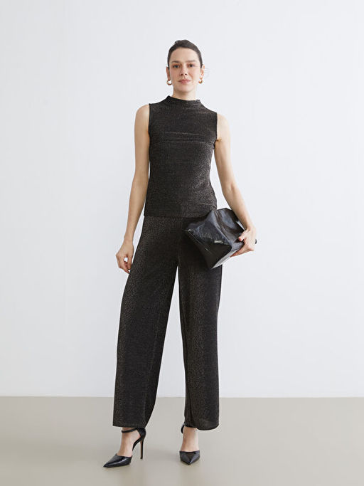 Dik Yaka Parlak G?r?n?ml? Bluz