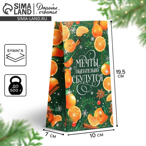 Цена за 10 шт. Пакет без ручек «Мечты обязательно сбудутся», 10×19.5×7 см, Новый год