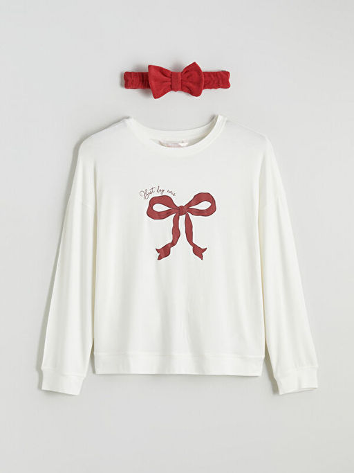 Bisiklet Yaka Fiyonk Bask?l? Kad?n Pijama Tak?m?