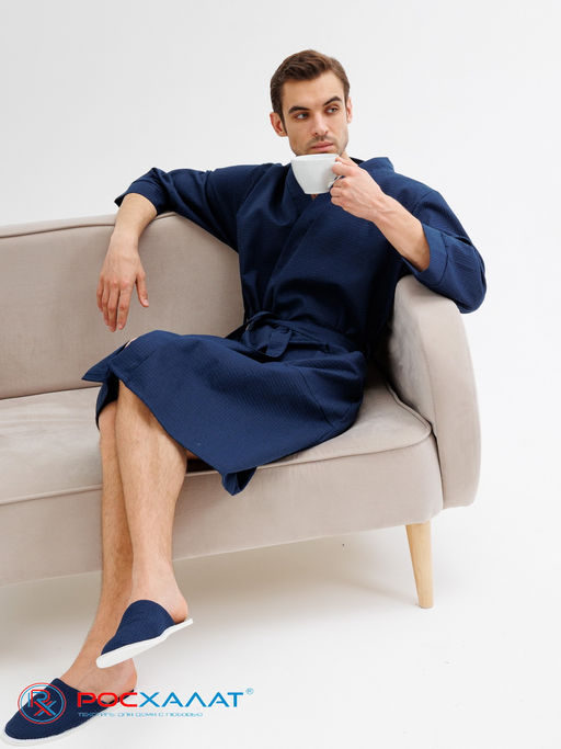 Мужской укороченный вафельный халат с планкой темно-синий В-05 (28) - Росхалат фото 9