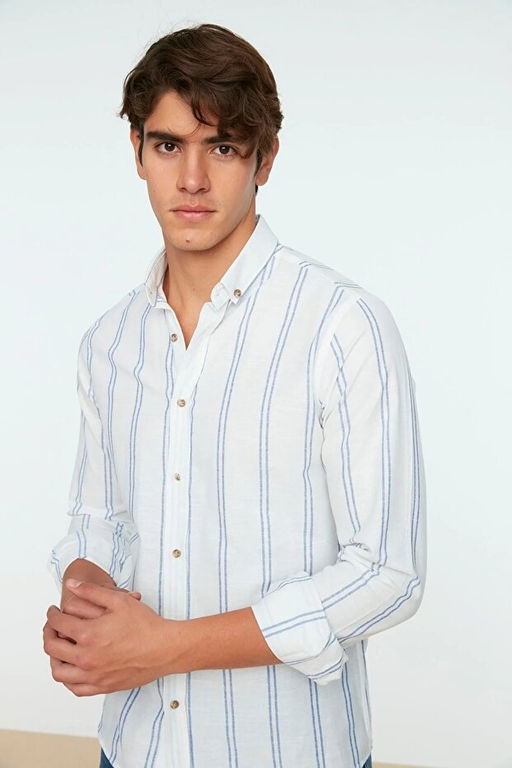 Beyaz Slim Fit D__meli Yaka _nce _izgili G_mlek TMNSS20GO0092 - Trendyolmilla фото 2