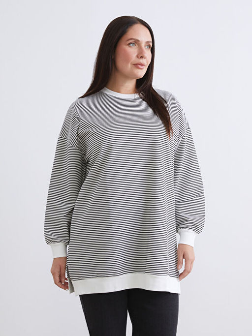 B?y?k Beden ?izgili Kad?n Sweatshirt Tunik