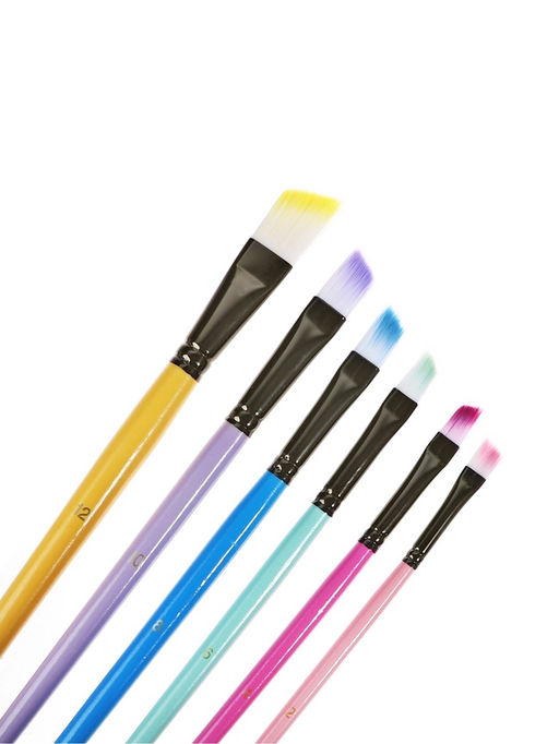 Набор кистей для рисования, синтетика, 6 штук: № 2, 4, 6, 8, 10.12, плоские, скошенные, с цветными ручками, международный размер