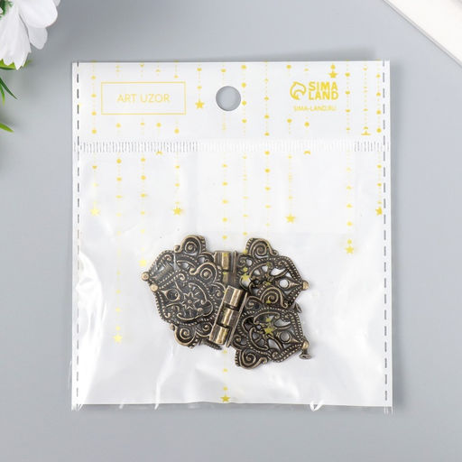 Цена за 3 шт. Петля для шкатулки металл "Узорная с цветами" бронза + гвозди набор 2 шт 5,3х2,8 см