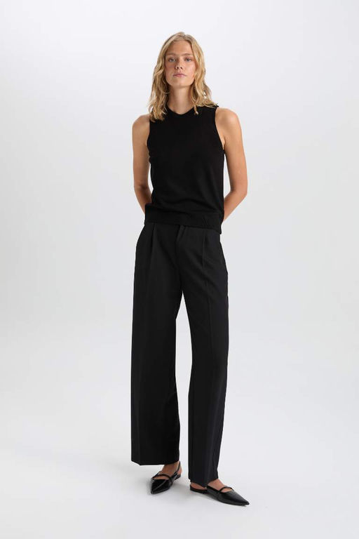 Женский черный однотонный свитер в рубчик без рукавов с круглым вырезом и круглым вырезом - Defacto фото 2