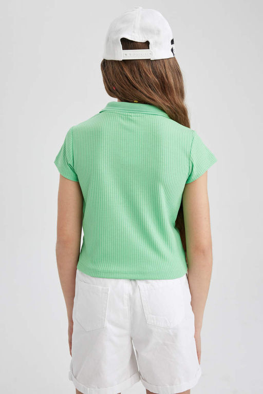 Облегающая футболка-поло в рубчик с короткими рукавами для девочек - Defacto фото 6