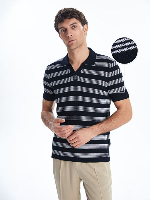 Polo Yaka ?izgili Erkek Dokulu Triko Kazak