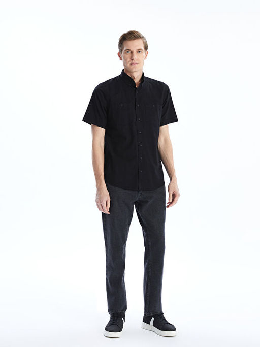 Regular Fit K?sa Kollu Keten G?r?n?ml? Erkek G?mlek