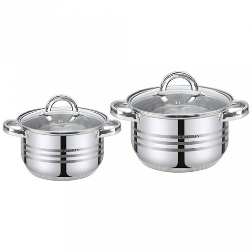 "Zeidan" Набор посуды из нержавеющей стали 4 предмета: катрюли: 1,4л д14см, 2,5л д18см, стеклянные крышки, 5-и степовое капсулированное дно, внутри зеркальная полировка корпуса, снаружи комбинированная полировка, подарочная коробка (Китай)