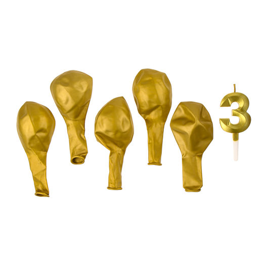 Свеча для торта, цифра 3 + воздушные шары, 5 шт, золото - Страна карнавалия фото 3
