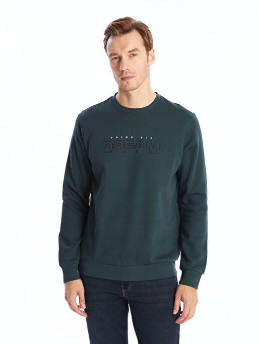 Bisiklet Yaka Bask?l? Erkek Kal?n Sweatshirt