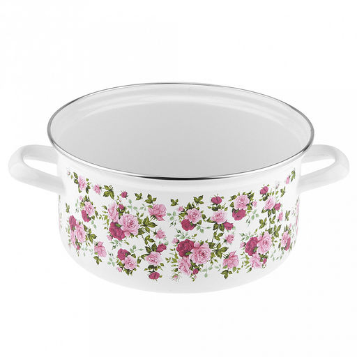 "Китайская роза" Набор эмалированных кастрюль 2 предмета: 2л, 3л, s0,8мм, форма цилиндрическая, двойной слой эмалевого покрытия, металлическая крышка с пластмассовой ручкой-кнопкой, металлические ручки, нержавеющий ободок (Россия)