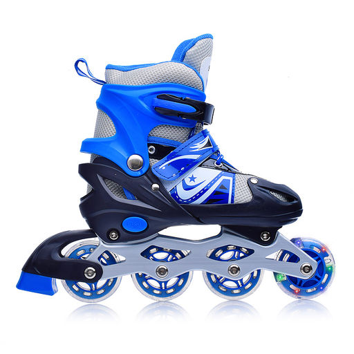Ролики детские (размер S) черно-синие с белым, PU колёса со светом, в сумке