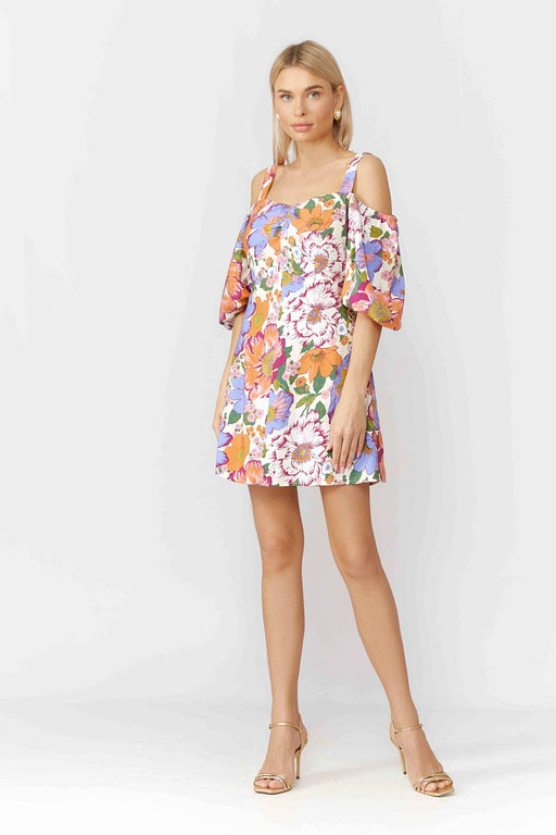 Льняное платье мини на бретелях с объемным рукавом и расклешенной юбкой в принте Цветы винтаж - Serginnetti фото 9