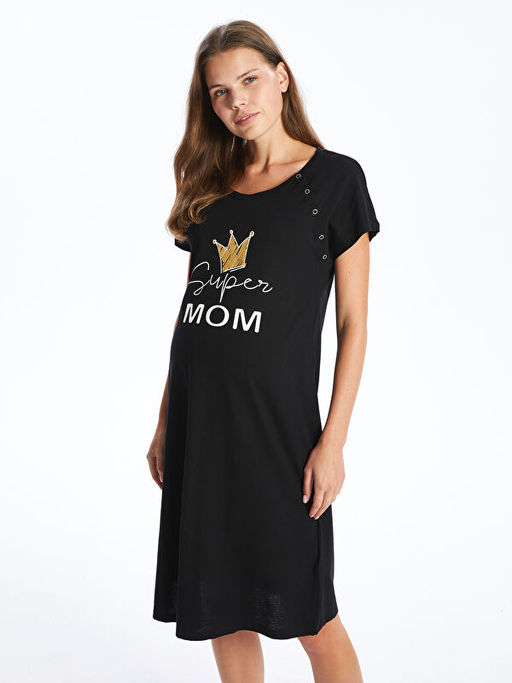 Bisiklet Yaka Bask?l? K?sa Kollu Hamile Gecelik