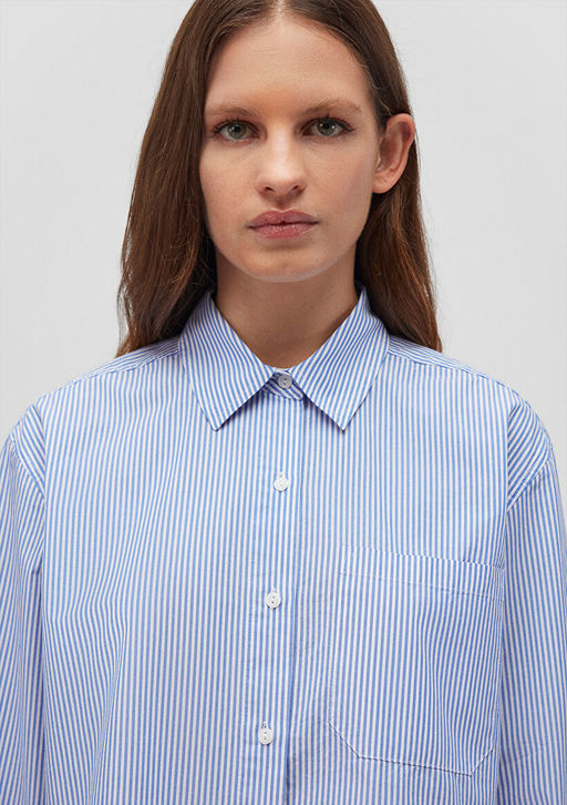 Cizgili Mavi Crop Poplin Gomlek