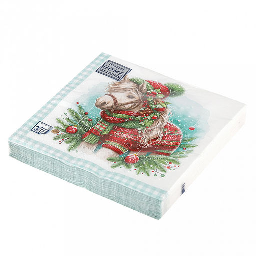 Салфетки бумажные "Bouquet" 33х33см, 3-х слойные, 20 штук в упаковке, 100% целлюлоза, "Новогодный пони" (Россия)