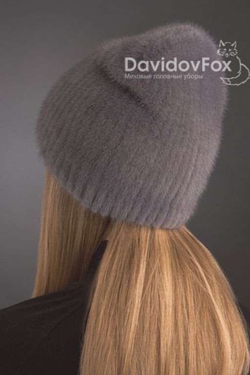 Шапка Бини норка орнамент серо-голубая