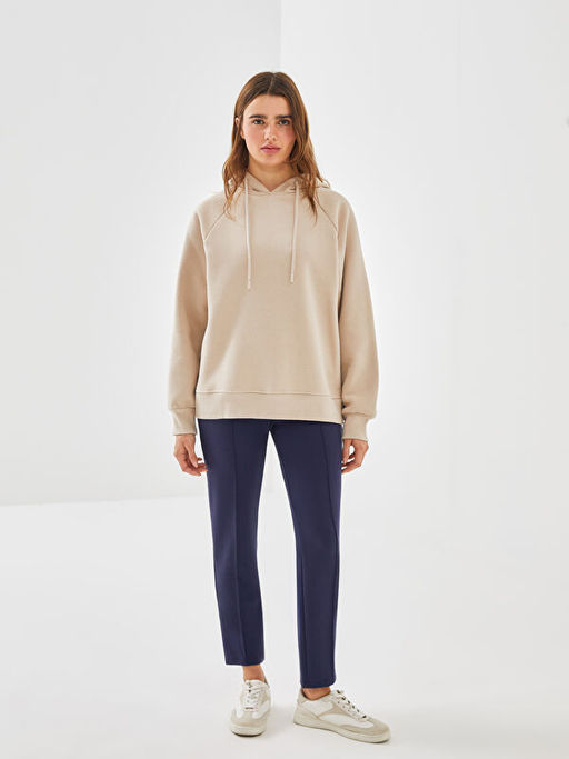 D?z Uzun Kollu Kad?n Kal?n Hoodie