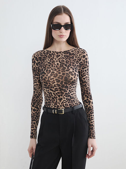 Bisiklet Yaka Leopar Desenli Kad?n Body