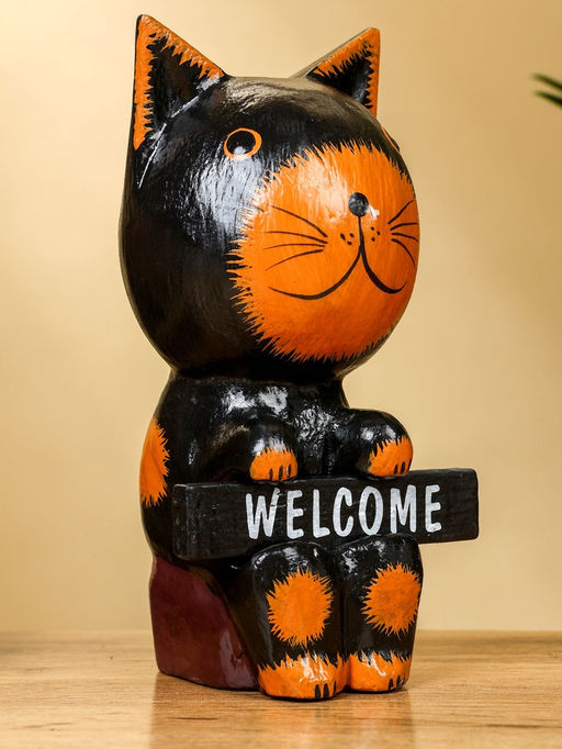 Сувенир «Кот с табличкой WELCOME», 10×7×16 см, дерево, чёрно-рыжий