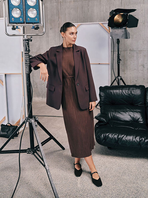 Bisiklet Yaka Dokulu Krinkle Elbise