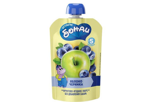 Цена за 5 шт. Бегемотик Бонди, пюре фруктовое Яблоко и черника, 90 г