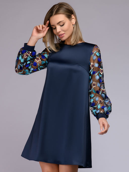 Платье синее свободного силуэта с вышивкой на рукавах - 1001dress фото 3