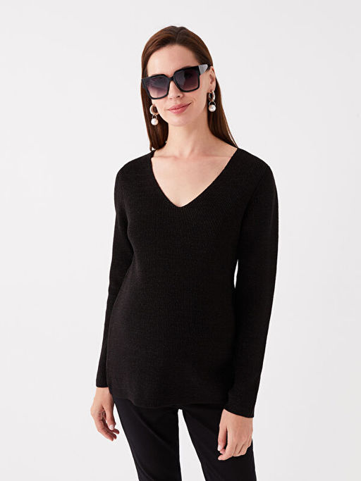 V Yaka D?z Uzun Kollu Hamile Triko Kazak