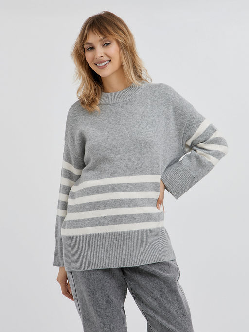 серый женский джемпер со спущенной линией плеча и с белыми полосками - Glenfield фото 7