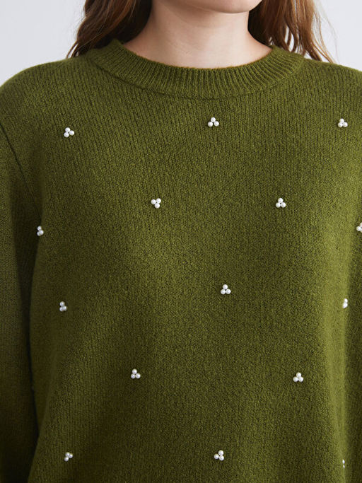 Bisiklet Yaka Boncuk ??lemeli Kad?n Triko Kazak