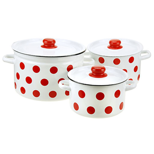 "Горошки" Набор эмалированных кастрюль 3 предмета: 2,9л, д19см, 12см, 4,5л, д22см, h14см, 7л, д26см, h16см, цилиндрическая форма, металлическая крышка, белый (Россия)