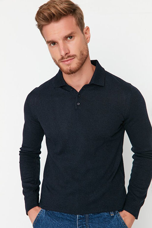 Lacivert Slim Fit Y_nl_ Polo Yaka D__meli Smart Triko Kazak TMNAW23KZ00238 - Trendyolmilla фото 2