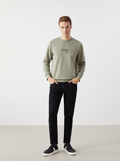 Bisiklet Yaka Bask?l? Erkek Kal?n Sweatshirt