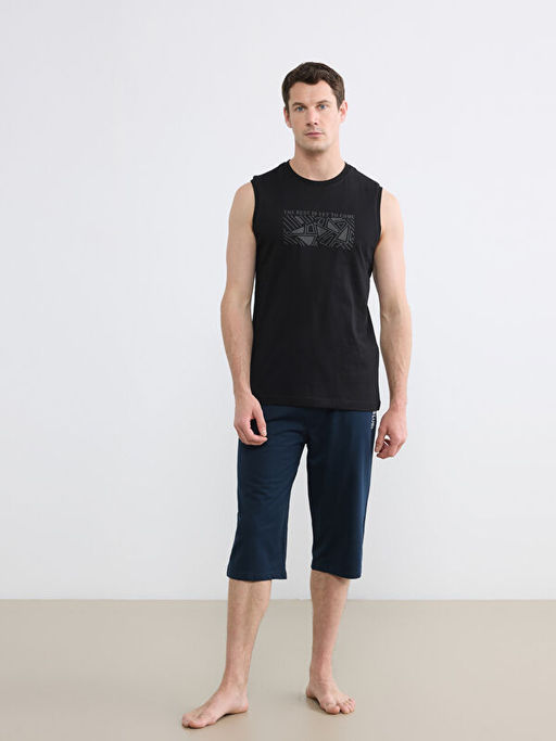 Bisiklet Yaka Bask?l? Penye Erkek Kolsuz Ti??rt