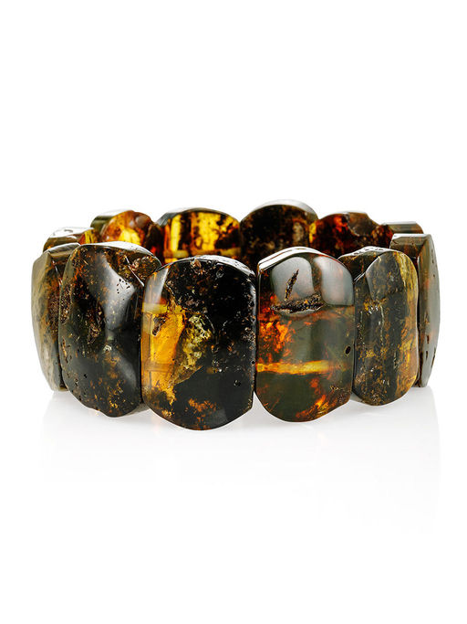 Эффектный яркий браслет из натурального цельного янтаря с инклюзами Помпеи