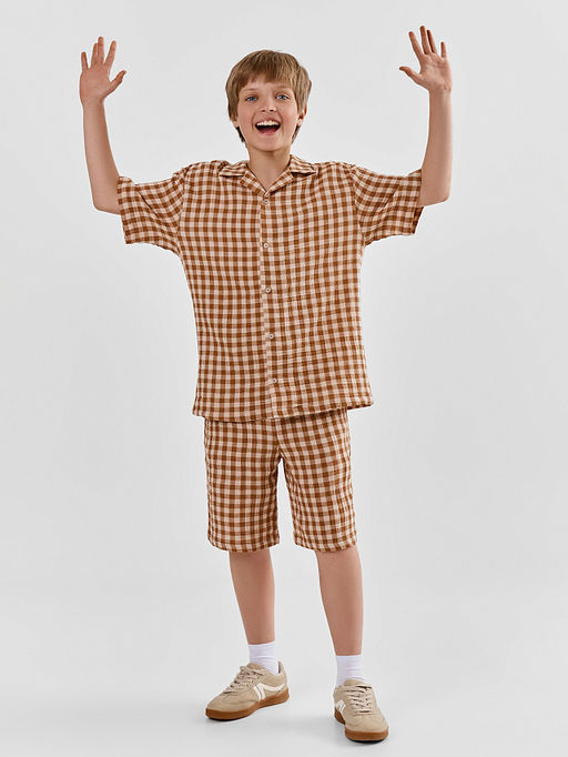 Рубашка для мальчиков коричневая в клетку прямого кроя - Mark formelle фото 4